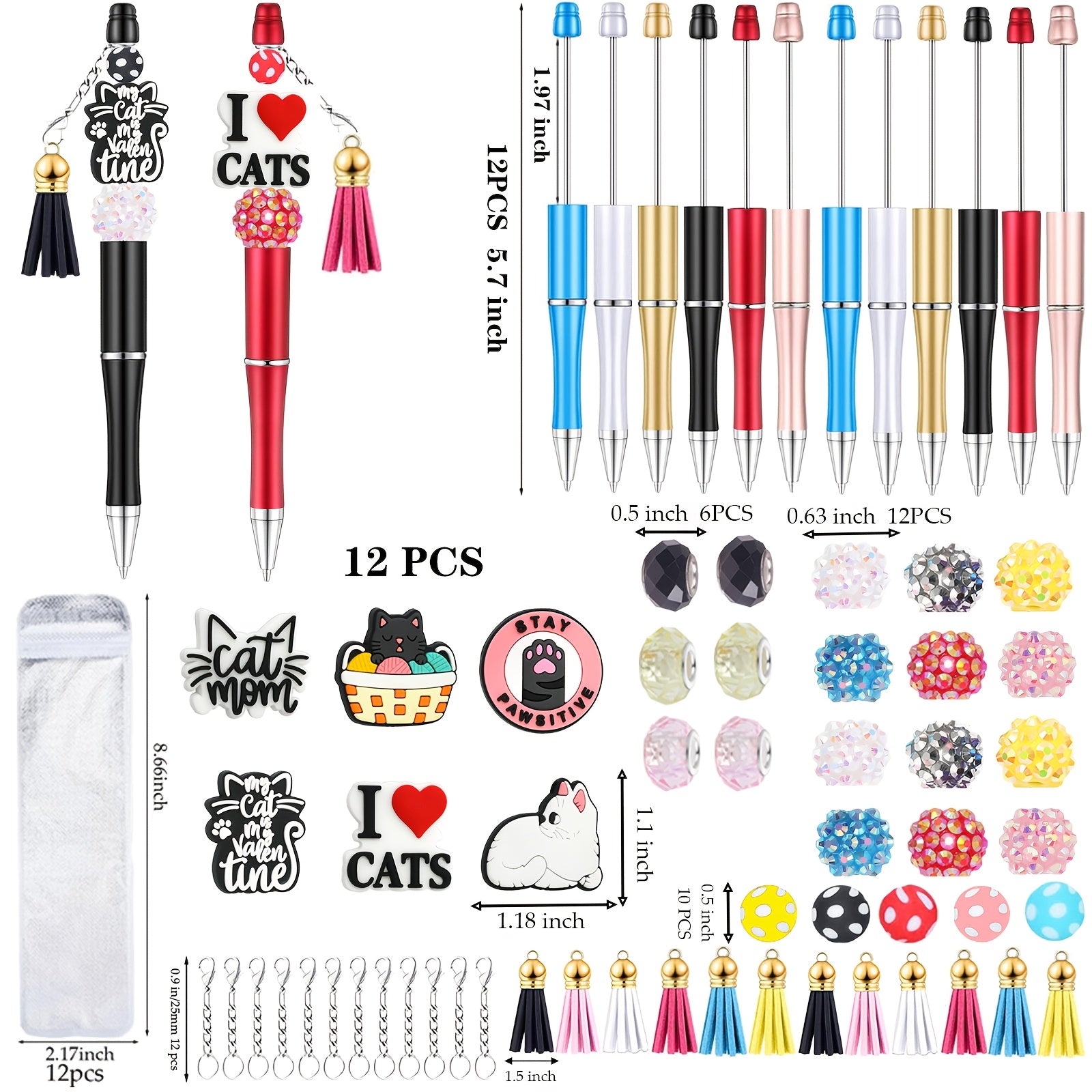 12pcs Cute Cat Series Bead Pen Set, DIY Loose Ballpoint Pen Birthday Gift, Back to School Gift, Christmas Gift, Plastic, Retractable, Twist Closure, Medium Point, with Cat Themed Accessories, for School, Office, and DIY Projects, School Supplies | Playful