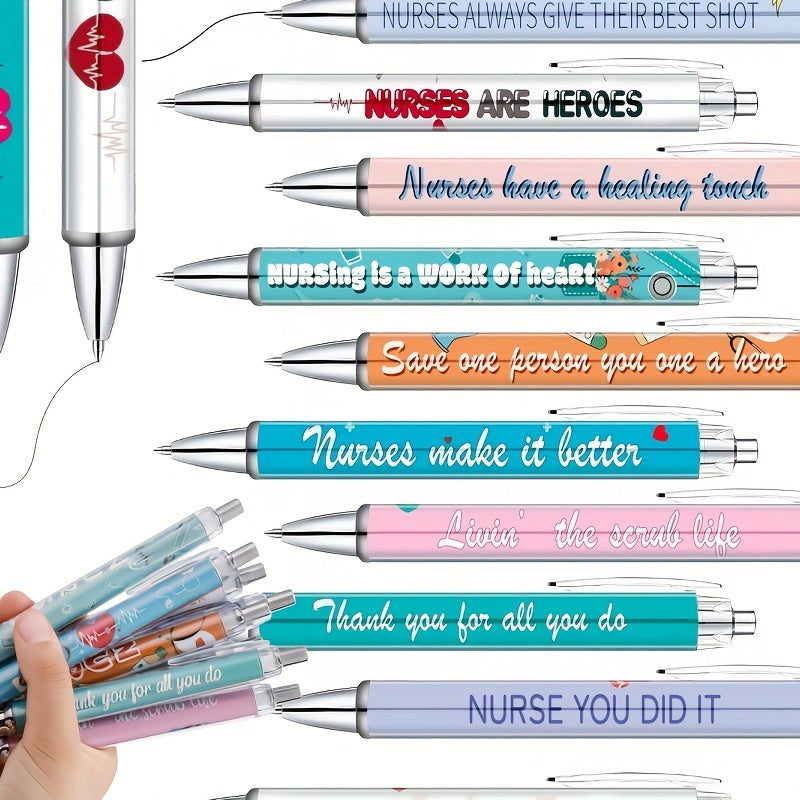 10pcs Nurse-Themed Retractable Ballpoint Pens Set, Cute Cartoon Design with Fun Medical Phrases, Colorful Medical Assistant Thank You Gift, Suitable for Office or Hospital Use, Work Nurse Accessories