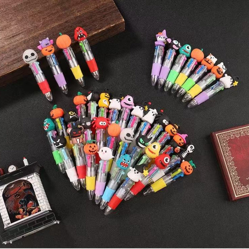 24 Creative Four-Color Halloween Themed Mini Pens Showcasing Eerie Character Tops, Mixed with Four Colors (Green, Blue, Pink, Red), Perfect for Party Gifts, Gifts, And Office Supplies., Party Favors, Office Stationery, Fun Accessories, Playful Style,