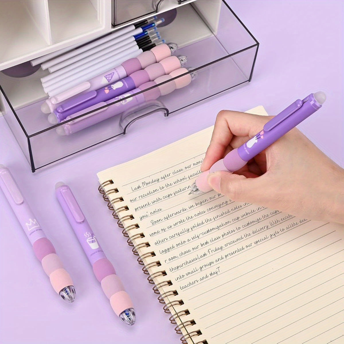 18pcs Aesthetic Retractable Erasable Gel Pens, Make Mistakes Disappear, 8 Pens & 10 Refills, Cartoon Smooth Writing Pen, 0. 5mm Black & Blue Ink Pen, Office School Supplies. ( Purple Theme, Pens Set, Fancy Pens for Women, Colored Gel Pens, Cute Pens for,