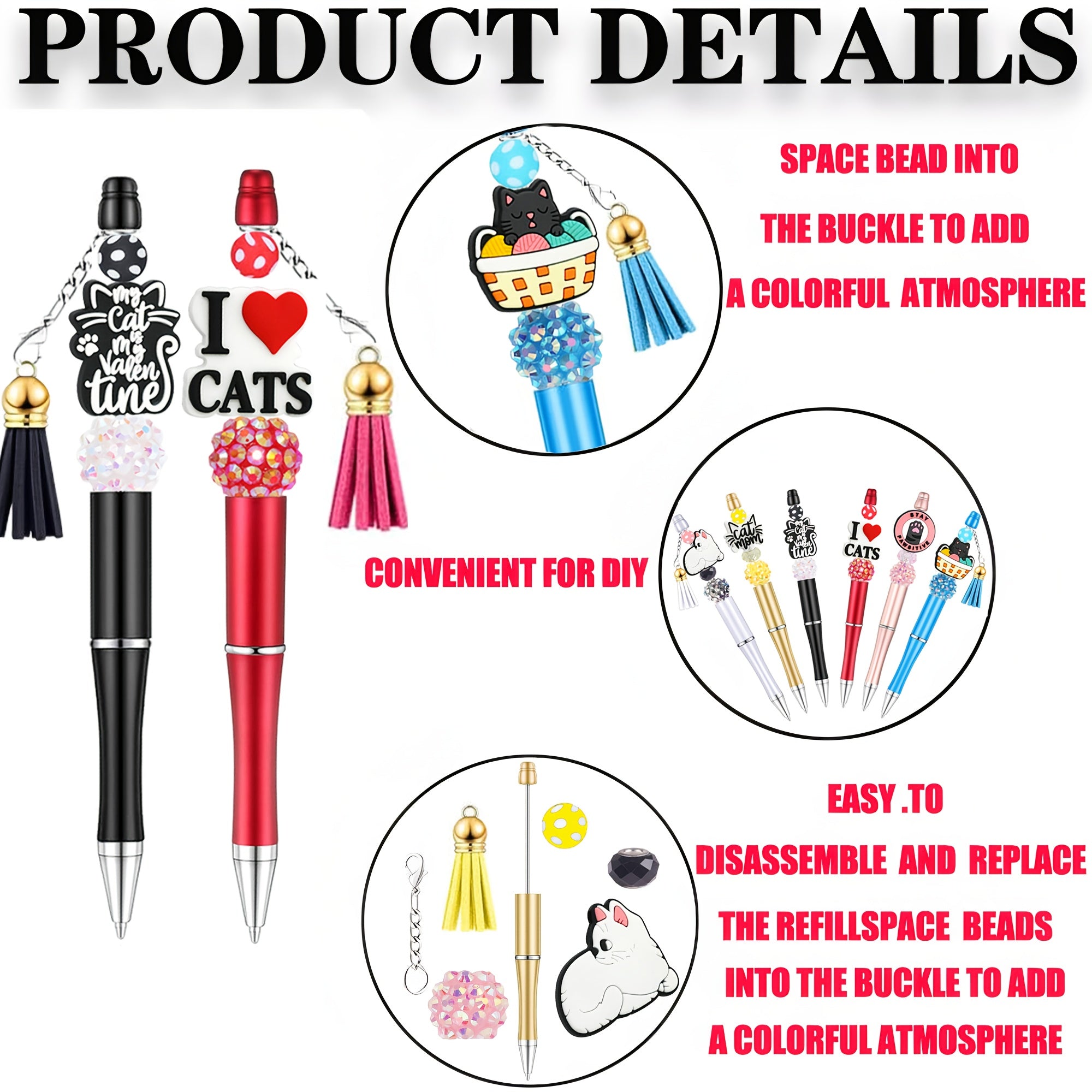 12pcs Cute Cat Series Bead Pen Set, DIY Loose Ballpoint Pen Birthday Gift, Back to School Gift, Christmas Gift, Plastic, Retractable, Twist Closure, Medium Point, with Cat Themed Accessories, for School, Office, and DIY Projects, School Supplies | Playful