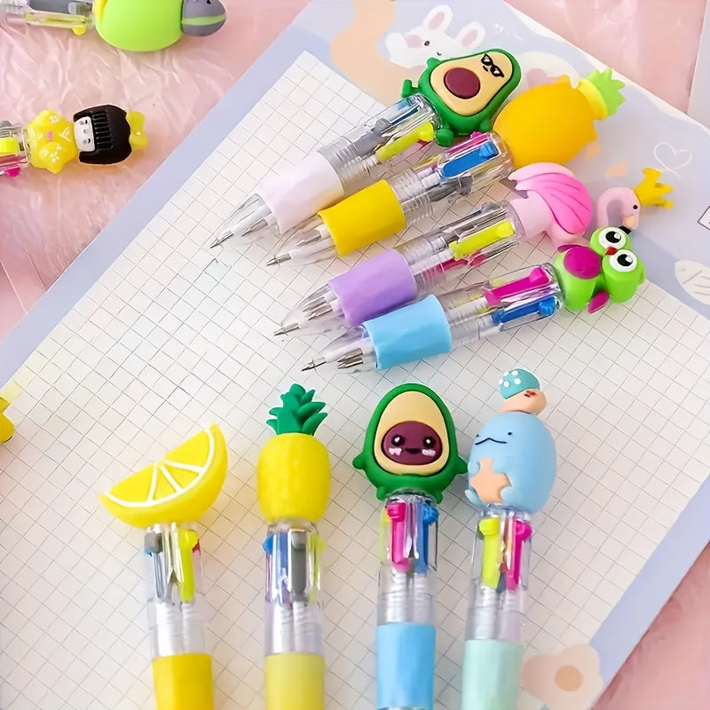10pcs set of adorable retractable ballpoint pens, featuring ergonomic round barrel design, medium tip, PVC material, stick-style structure, and various cute patterns. Suitable for school and office supplies
