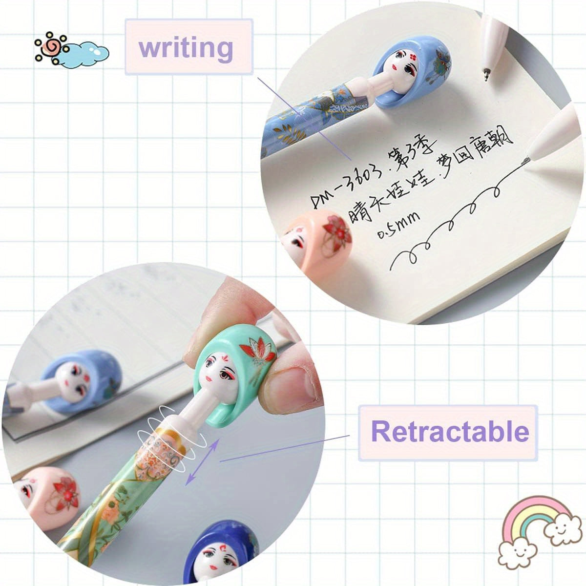 8pcs Cute Chinese Doll Gel Pens - Retractable Retro Hanfu Print Pens with Floral Design, Vibrant Colors, Durable Metal Clips & Ergonomic Grip for Students, Teachers, Coworkers - Perfect Gift for Women, Birthdays, Desk Decor, Cute Pens, Teacher Stationery,