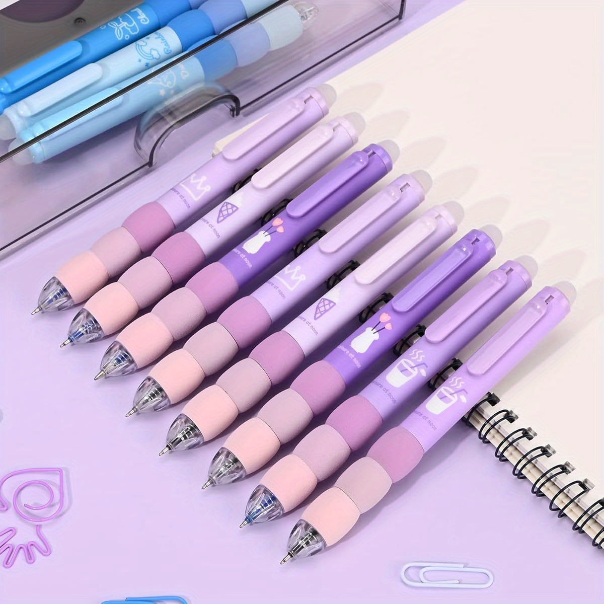 18pcs Aesthetic Retractable Erasable Gel Pens, Make Mistakes Disappear, 8 Pens & 10 Refills, Cartoon Smooth Writing Pen, 0. 5mm Black & Blue Ink Pen, Office School Supplies. ( Purple Theme, Pens Set, Fancy Pens for Women, Colored Gel Pens, Cute Pens for,