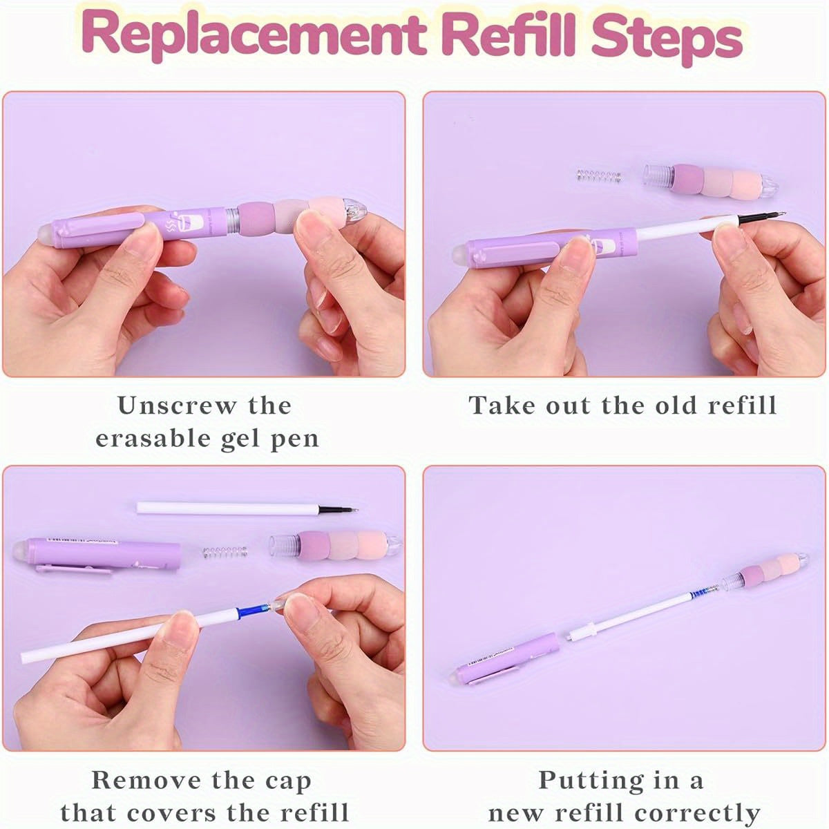 18pcs Aesthetic Retractable Erasable Gel Pens, Make Mistakes Disappear, 8 Pens & 10 Refills, Cartoon Smooth Writing Pen, 0. 5mm Black & Blue Ink Pen, Office School Supplies. ( Purple Theme, Pens Set, Fancy Pens for Women, Colored Gel Pens, Cute Pens for,