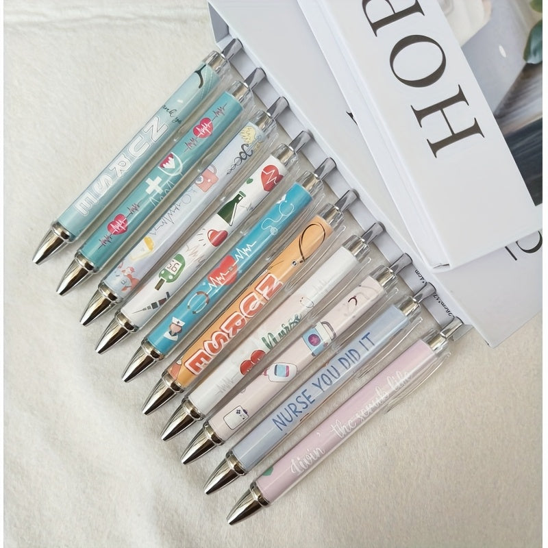 10pcs Nurse-Themed Retractable Ballpoint Pens Set, Cute Cartoon Design with Fun Medical Phrases, Colorful Medical Assistant Thank You Gift, Suitable for Office or Hospital Use, Work Nurse Accessories