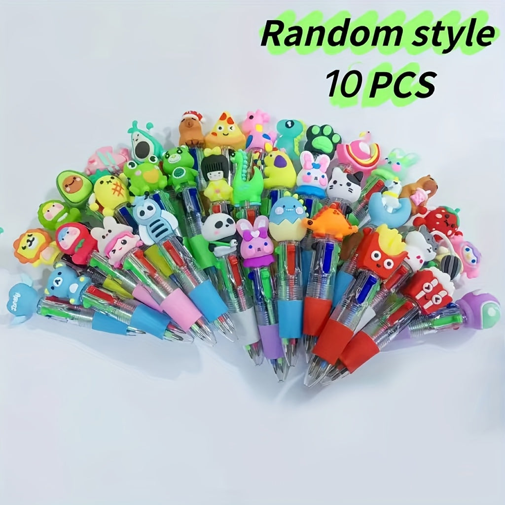 10pcs set of adorable retractable ballpoint pens, featuring ergonomic round barrel design, medium tip, PVC material, stick-style structure, and various cute patterns. Suitable for school and office supplies