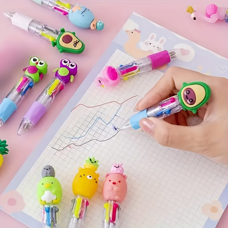 10pcs set of adorable retractable ballpoint pens, featuring ergonomic round barrel design, medium tip, PVC material, stick-style structure, and various cute patterns. Suitable for school and office supplies