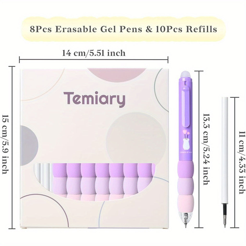 18pcs Aesthetic Retractable Erasable Gel Pens, Make Mistakes Disappear, 8 Pens & 10 Refills, Cartoon Smooth Writing Pen, 0. 5mm Black & Blue Ink Pen, Office School Supplies. ( Purple Theme, Pens Set, Fancy Pens for Women, Colored Gel Pens, Cute Pens for,