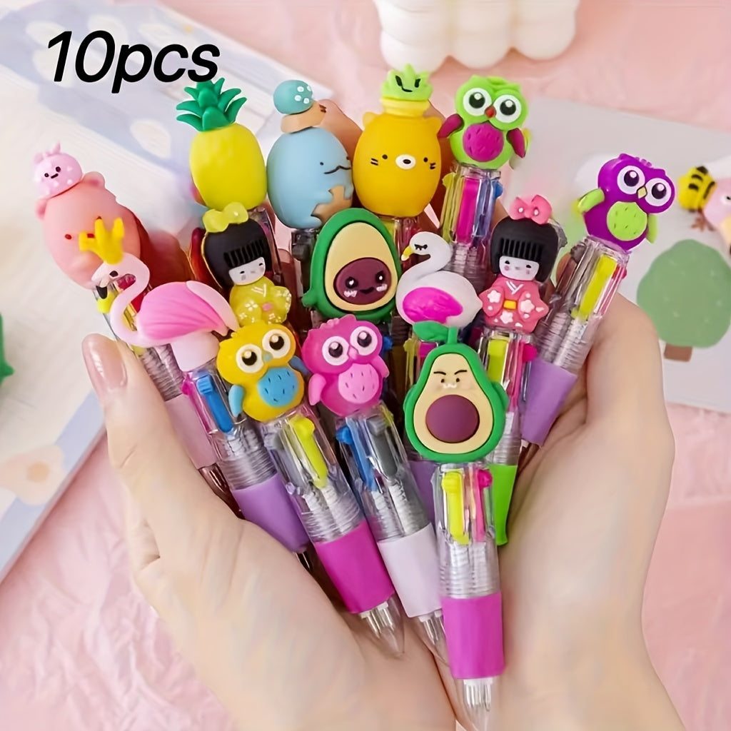 10pcs set of adorable retractable ballpoint pens, featuring ergonomic round barrel design, medium tip, PVC material, stick-style structure, and various cute patterns. Suitable for school and office supplies