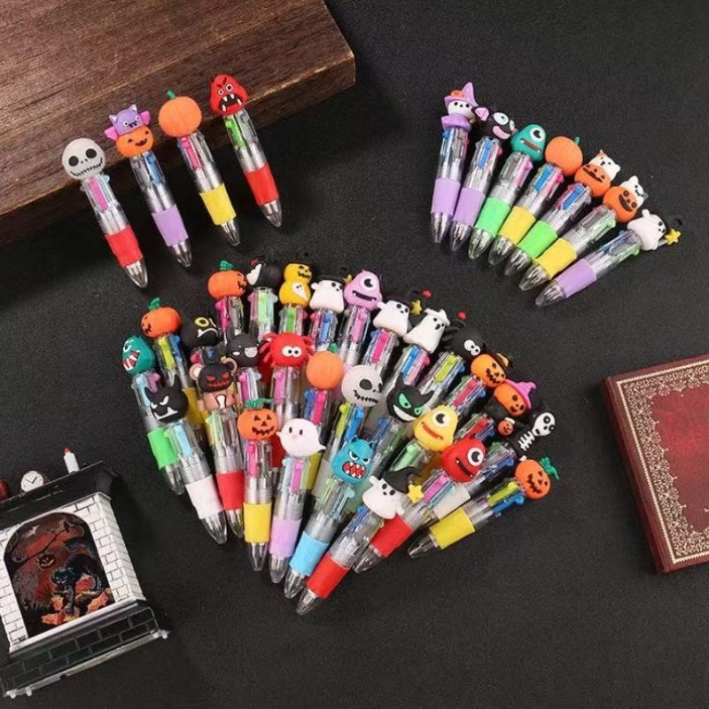 24 Creative Four-Color Halloween Themed Mini Pens Showcasing Eerie Character Tops, Mixed with Four Colors (Green, Blue, Pink, Red), Perfect for Party Gifts, Gifts, And Office Supplies., Party Favors, Office Stationery, Fun Accessories, Playful Style,
