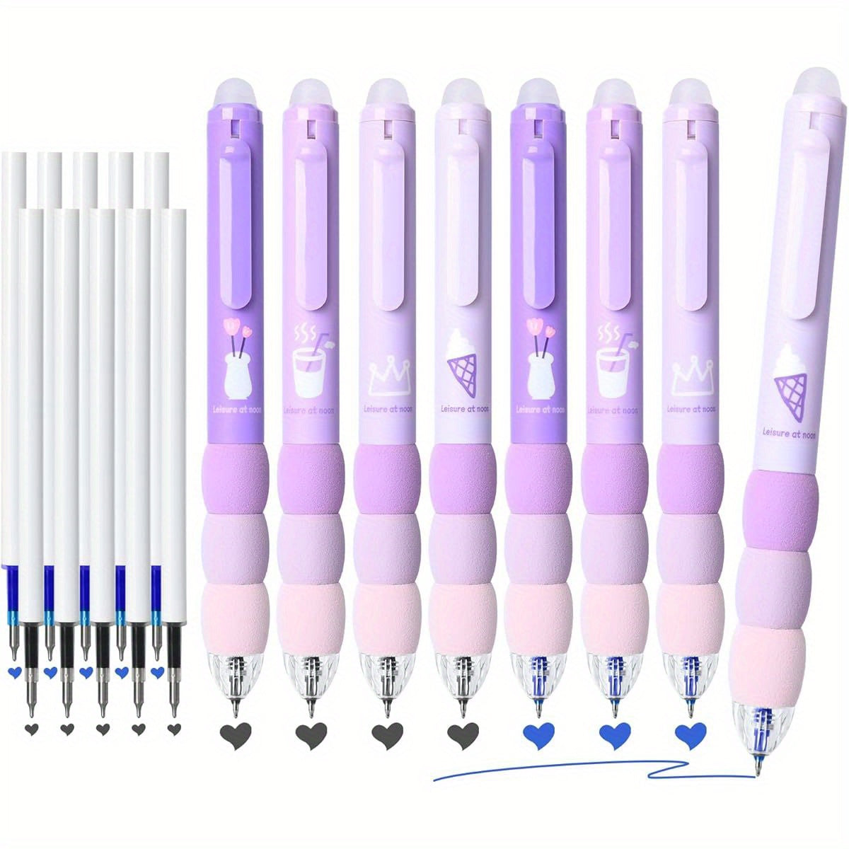 18pcs Aesthetic Retractable Erasable Gel Pens, Make Mistakes Disappear, 8 Pens & 10 Refills, Cartoon Smooth Writing Pen, 0. 5mm Black & Blue Ink Pen, Office School Supplies. ( Purple Theme, Pens Set, Fancy Pens for Women, Colored Gel Pens, Cute Pens for,