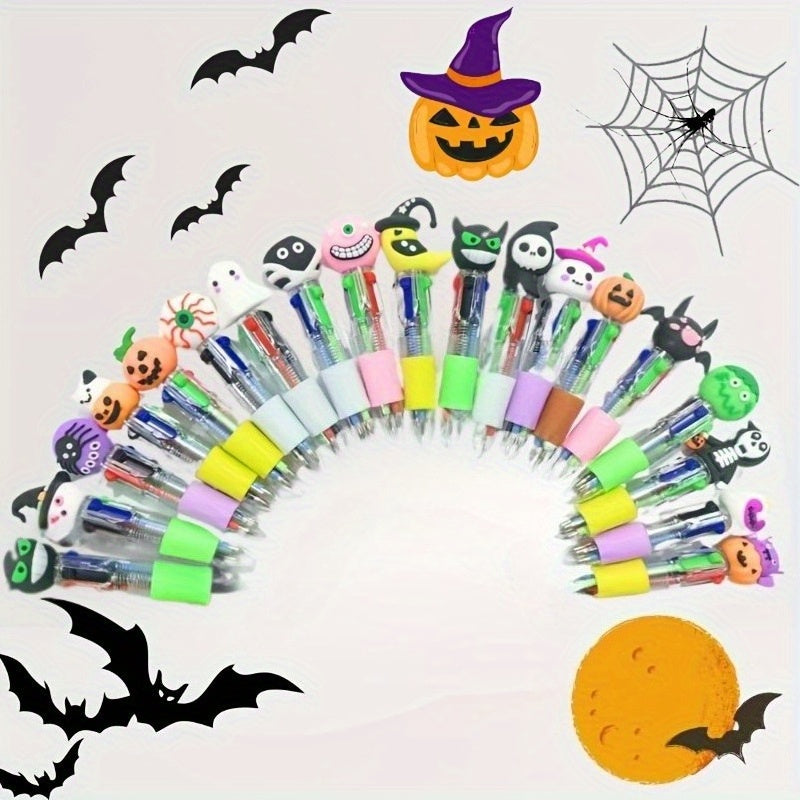 24 Creative Four-Color Halloween Themed Mini Pens Showcasing Eerie Character Tops, Mixed with Four Colors (Green, Blue, Pink, Red), Perfect for Party Gifts, Gifts, And Office Supplies., Party Favors, Office Stationery, Fun Accessories, Playful Style,