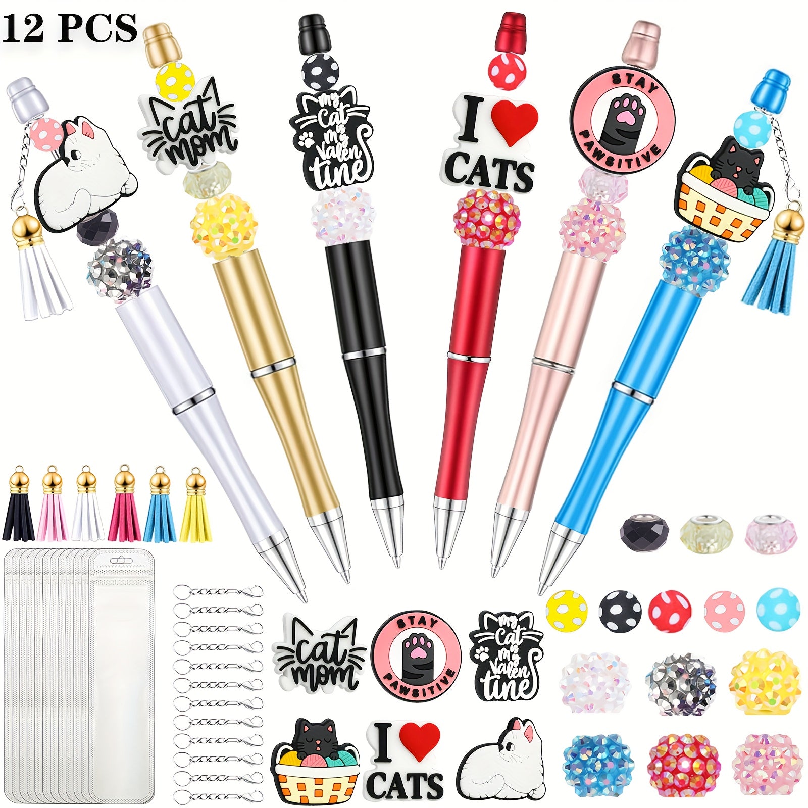 12pcs Cute Cat Series Bead Pen Set, DIY Loose Ballpoint Pen Birthday Gift, Back to School Gift, Christmas Gift, Plastic, Retractable, Twist Closure, Medium Point, with Cat Themed Accessories, for School, Office, and DIY Projects, School Supplies | Playful