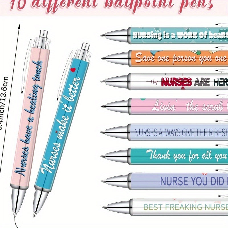 10pcs Nurse-Themed Retractable Ballpoint Pens Set, Cute Cartoon Design with Fun Medical Phrases, Colorful Medical Assistant Thank You Gift, Suitable for Office or Hospital Use, Work Nurse Accessories