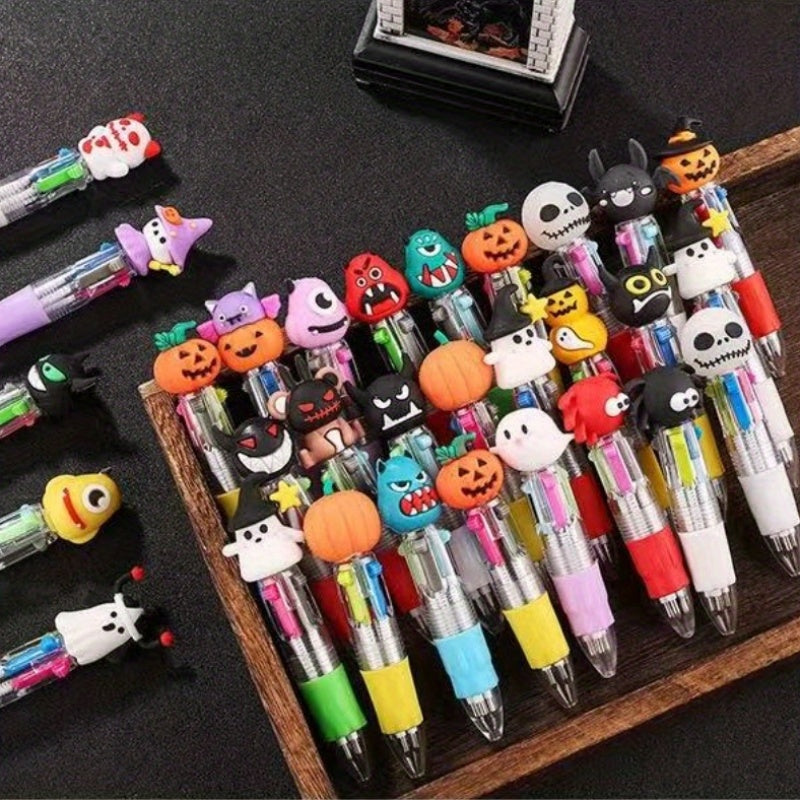 24 Creative Four-Color Halloween Themed Mini Pens Showcasing Eerie Character Tops, Mixed with Four Colors (Green, Blue, Pink, Red), Perfect for Party Gifts, Gifts, And Office Supplies., Party Favors, Office Stationery, Fun Accessories, Playful Style,